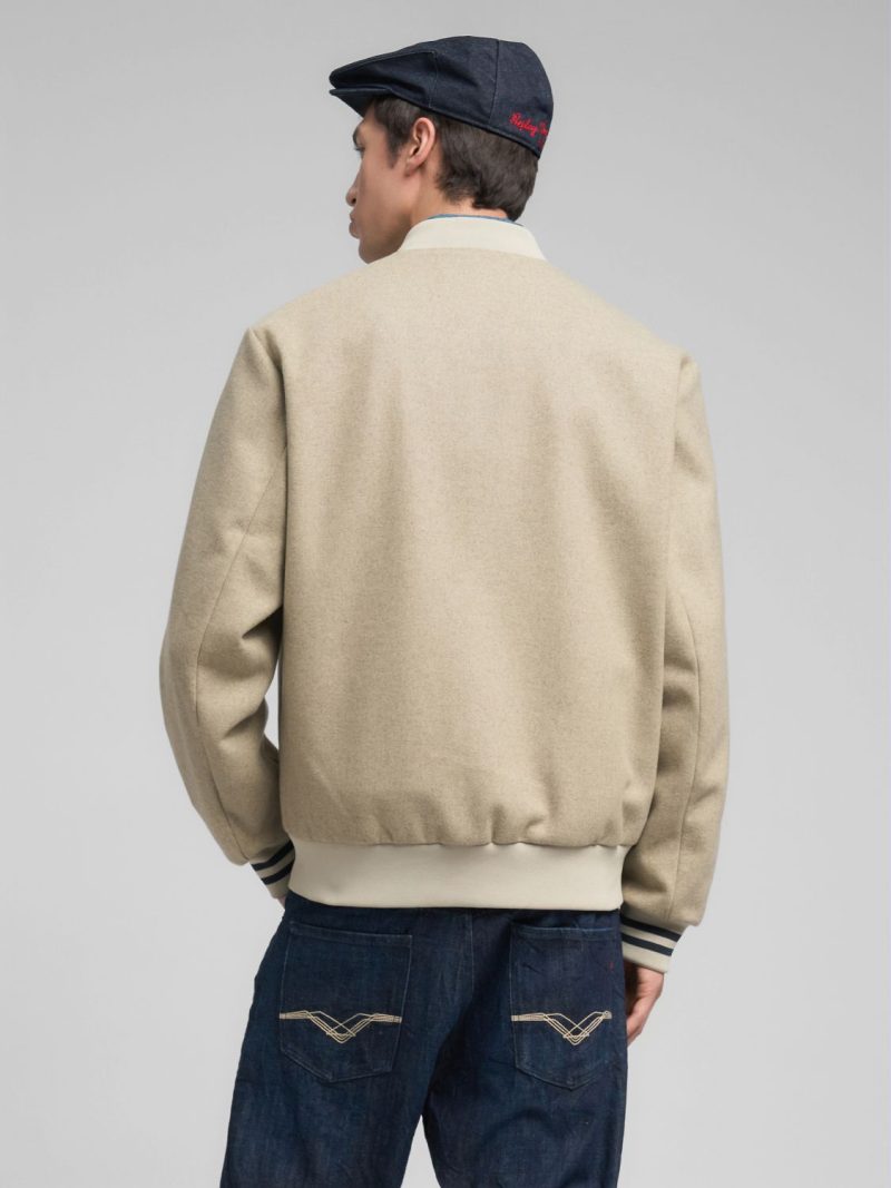 wool blend sand varsity bomber jacket