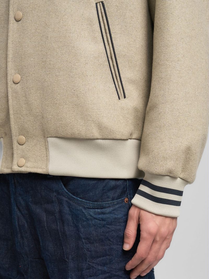 wool blend sand varsity bomber jacket