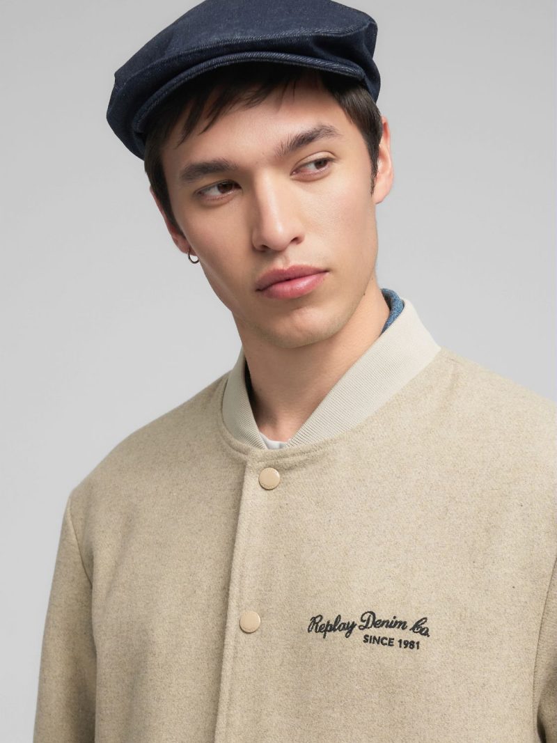 wool blend sand varsity bomber jacket