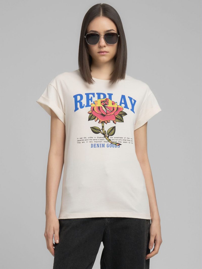 white jersey t shirt with rose and logo print