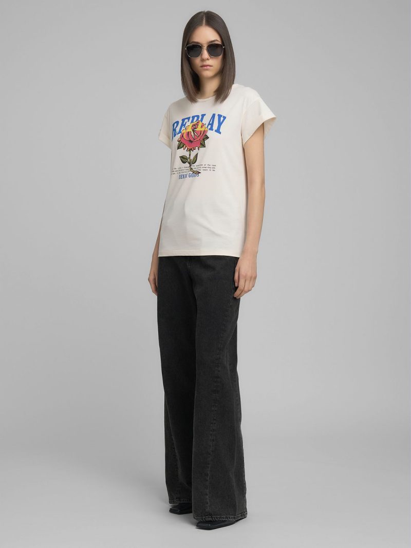 white jersey t shirt with rose and logo print