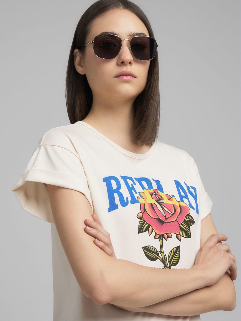 white jersey t shirt with rose and logo print