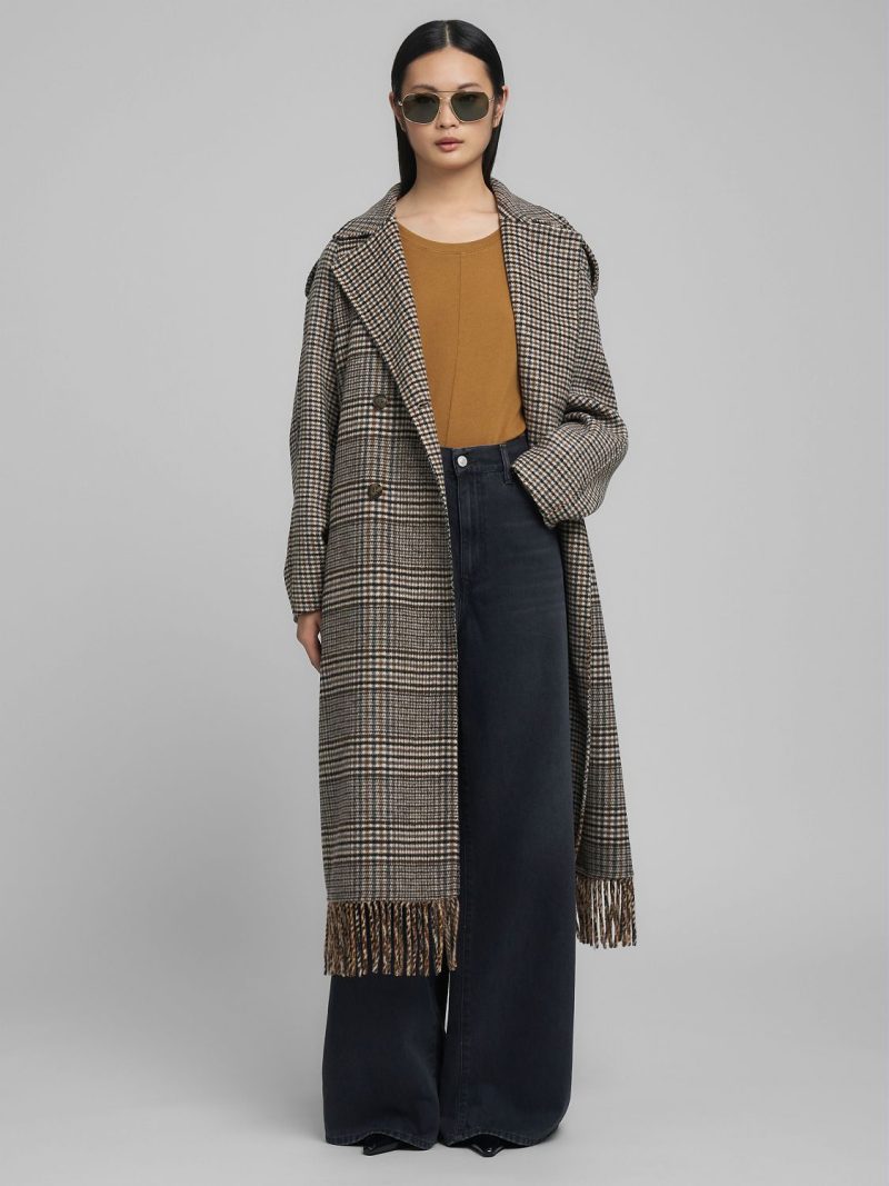 chequered wool blend coat with fringing