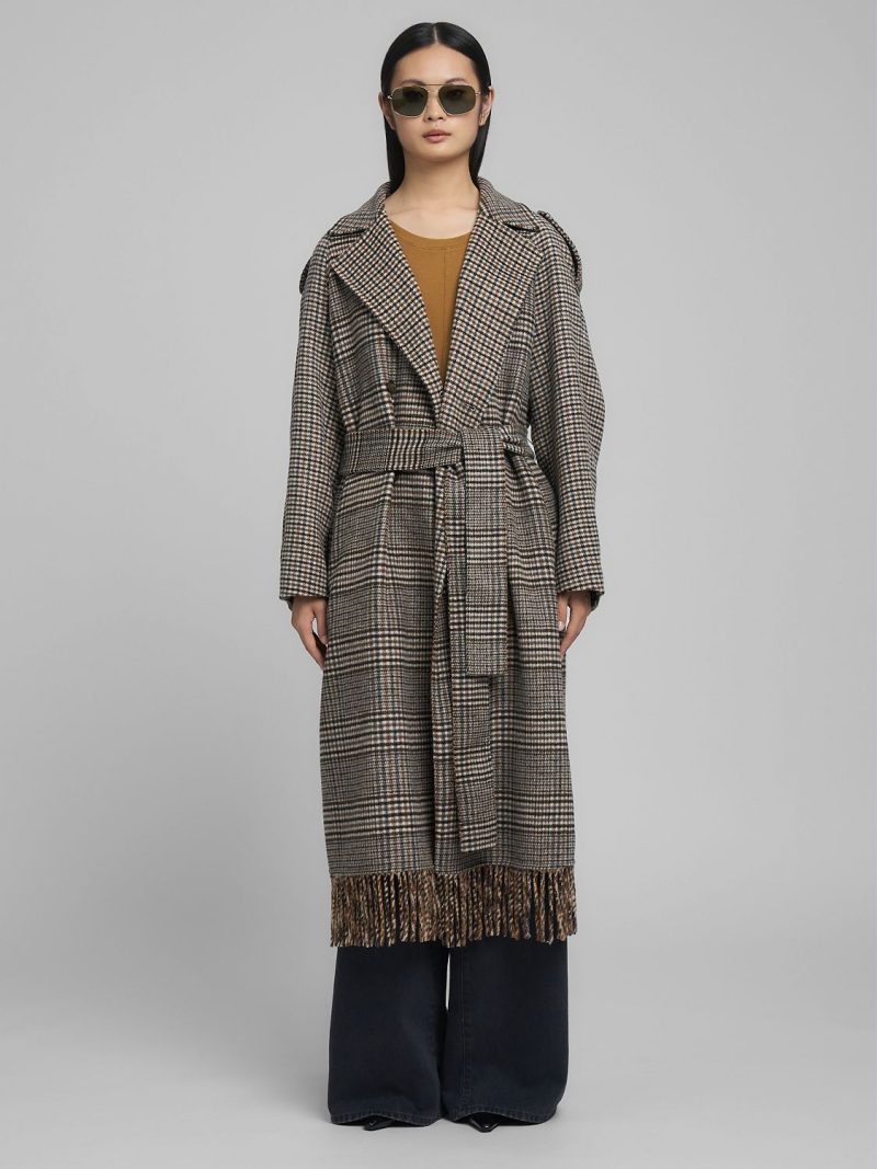 chequered wool blend coat with fringing