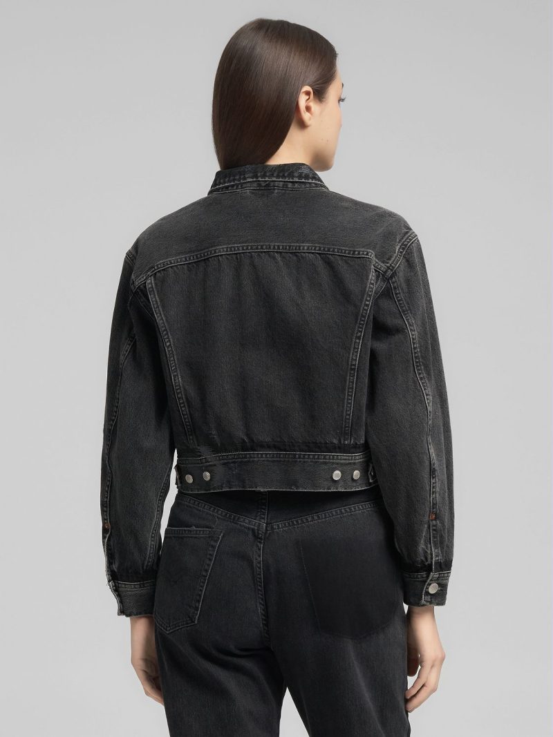 11.5 oz recycled black cotton cropped denim jacket