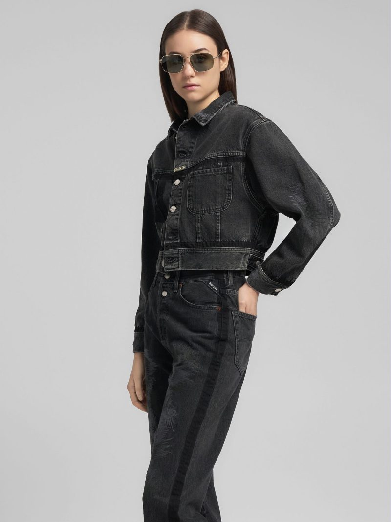 11.5 oz recycled black cotton cropped denim jacket