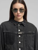 11.5 oz recycled black cotton cropped denim jacket