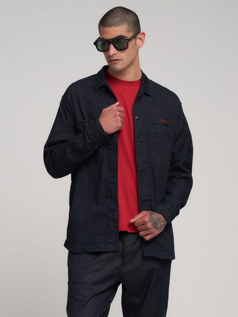 denim shirt with lettering