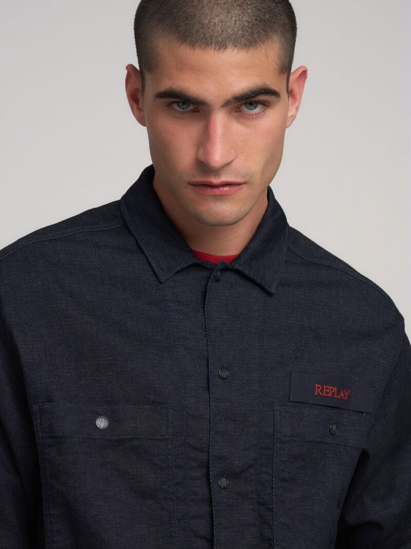 denim shirt with lettering