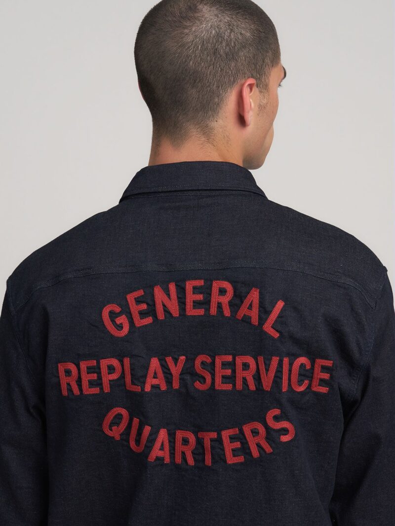 denim shirt with lettering
