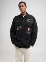 black shacket with patch