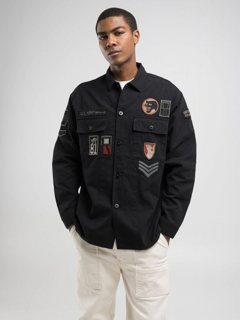 black shacket with patch